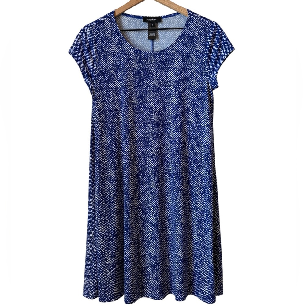 Karen Kane Swing Trapeze Dress Sz Sm Blue White Tan Stretch Comfy Cool Casual